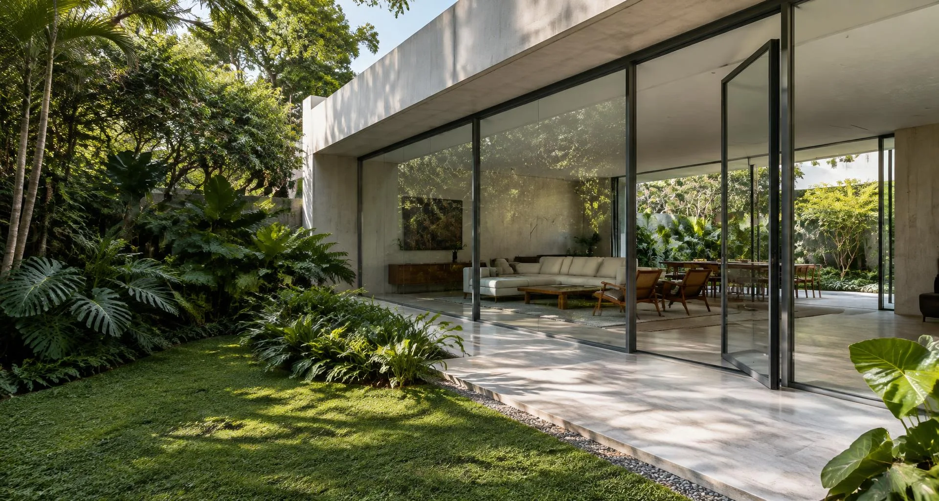 Ambiente arquitetônico ilustrativo com grandes aberturas de vidro e jardim